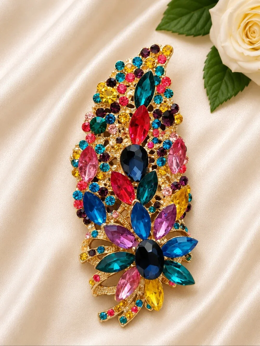 Multicolor Crystal Leaf Statement Brooch Pin | Gold Tone